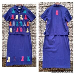Vintage Art Deco cats teacher shirt dress and jacket set Cotton SMALL